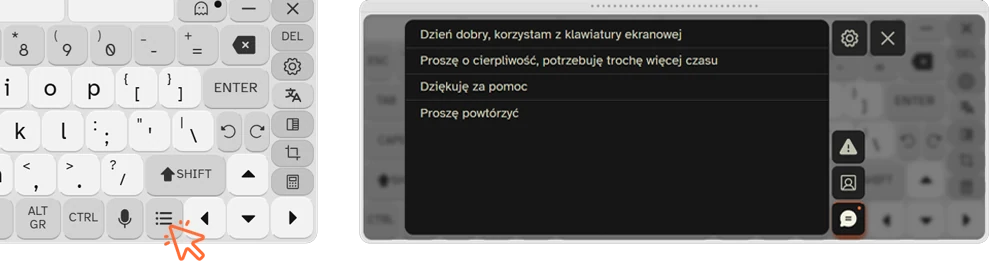 Panel Fraz w Klaavi z zapisanymi zwrotami, adresem e-mail i numerem telefonu gotowymi do wstawienia jednym kliknięciem